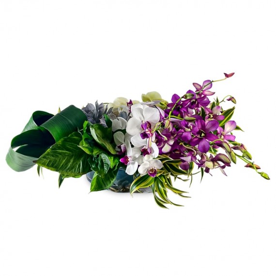 Table Arrangement Mix of Orchids and Foliage in Murano Vase