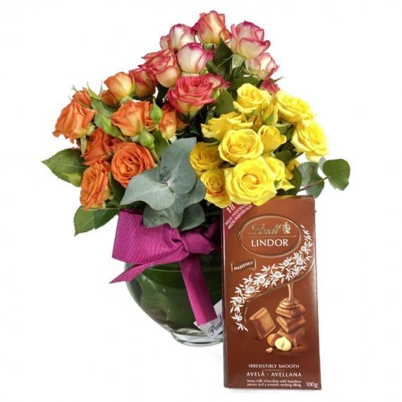 Arrangement with Mini Roses Colorful and Lindt Hazelnut Chocolate Bar