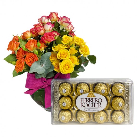 Arranjo com Mini Rosas Coloridas Colorful e Ferrero Rocher G