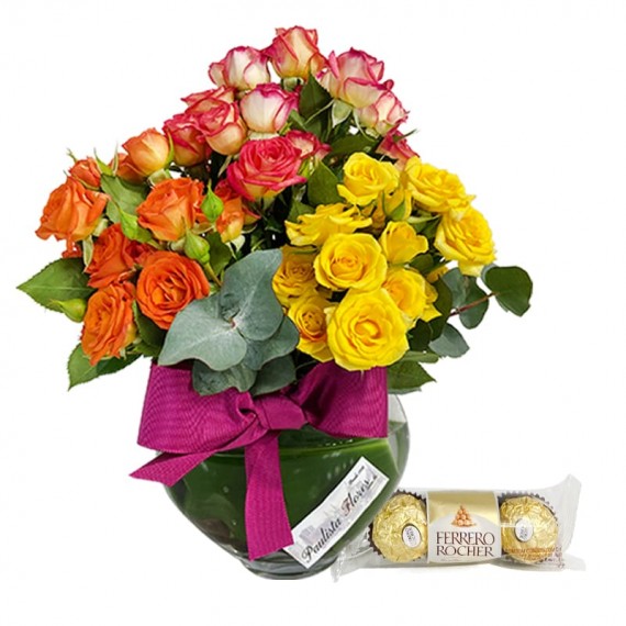 Arrangement with Mini Roses Colorful and Ferrero Rocher P