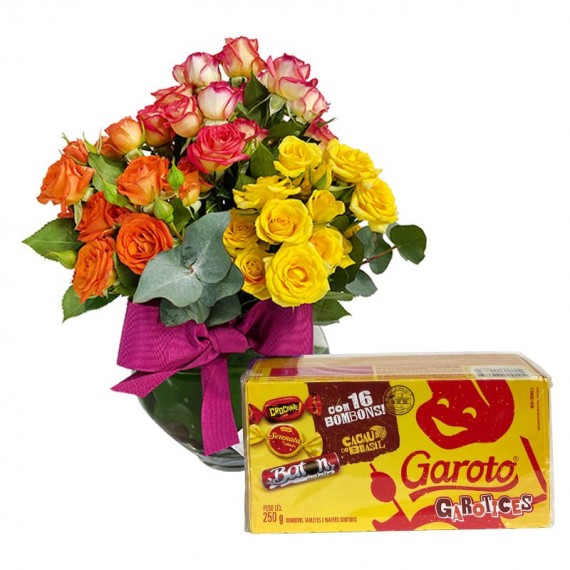 Arrangement with Mini Roses Colorful and Garoto Chocolate Box