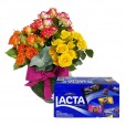 Arrangement with Mini Roses Colorful and Lacta Chocolate Box