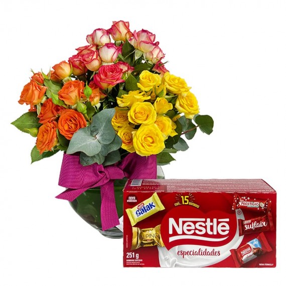Arrangement with Mini Roses Colorful and Nestlé Chocolate Box