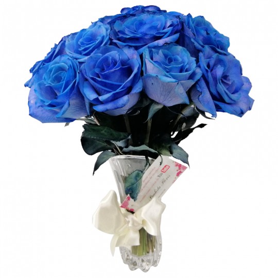 Arrangement with 20 Blue Roses in Glass Vase