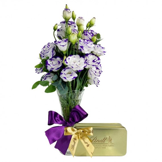 Arrangement with Lisianthus White and Lilac and Lindt Gold Gift