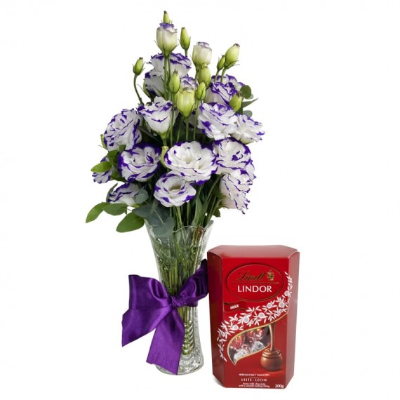Arrangement with White and Lilac Lisanthus and Lindt Milk