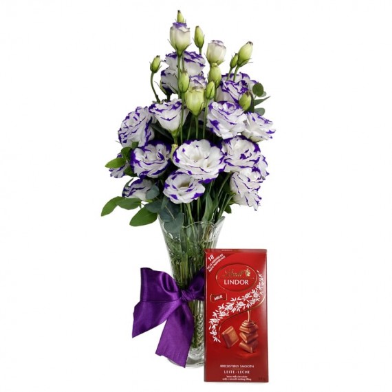 Arrangement with Lisianthus White and Lilac and Lindt Milk Chocolate Bar