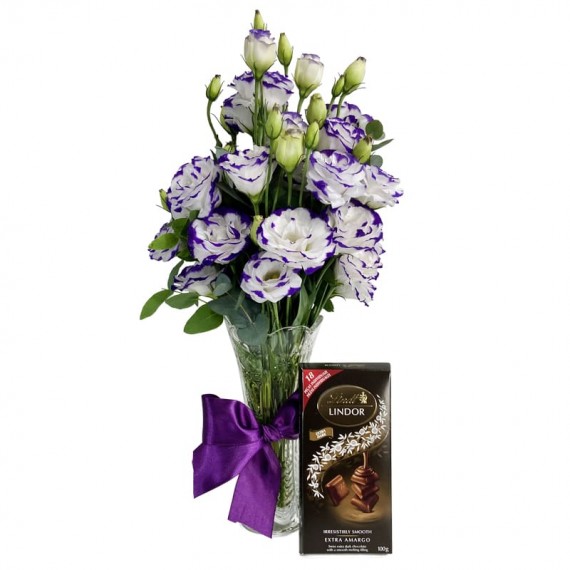 Arrangement with Lisianthus White and Lilac and Chocolate Bar Lindt Swiss Dark