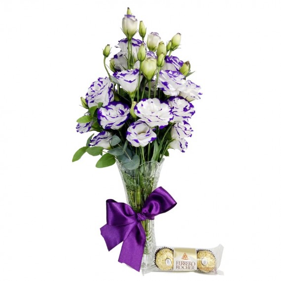 Arrangement with Lisianthus White and Lilac and Ferrero Rocher P
