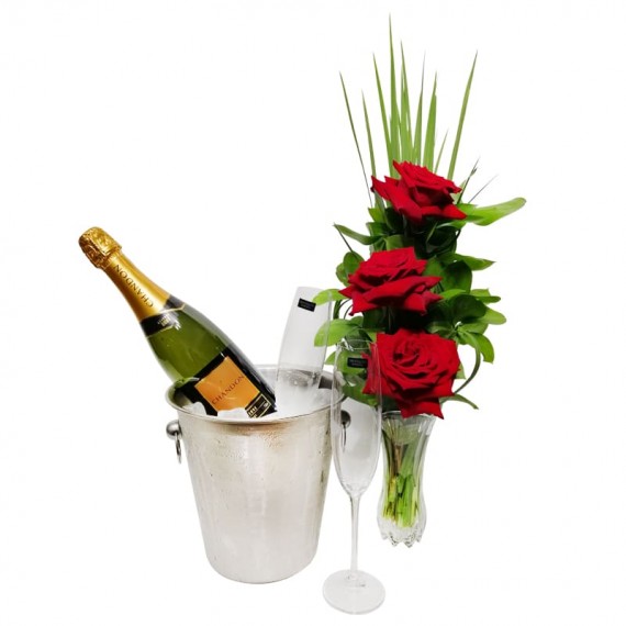 Arrangement with 3 Colombian Roses, Stainless Steel Bucket, Chandon Champagne and 02 Glasses