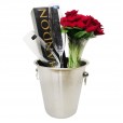 Arrangement with Colombian Roses, Champagne, Glasses and Stainless Steel Bucket
