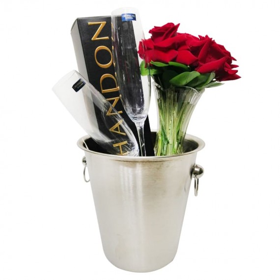 Arrangement with Colombian Roses, Champagne, Glasses and Stainless Steel Bucket