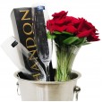 Arrangement with Colombian Roses, Champagne, Glasses and Stainless Steel Bucket
