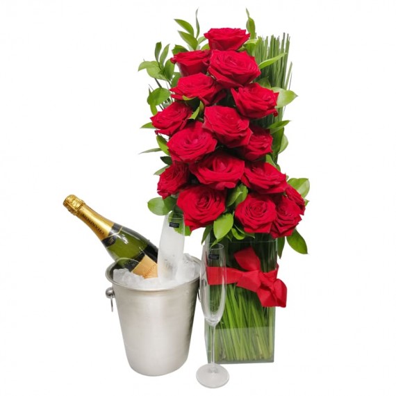 Arranjo com Rosas Colombianas, Balde de Inox, Champanhe Chandon e 02 Taças