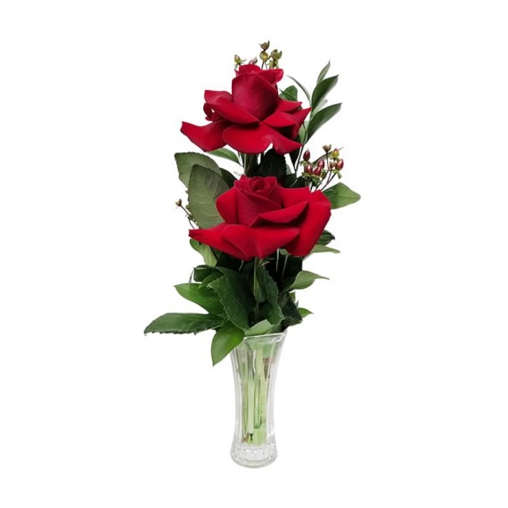 Arrangement with 2 true Colombian Roses with glass vase