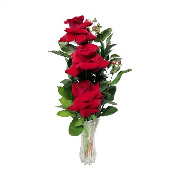 Arrangement with 3 true Colombian Roses with glass vase