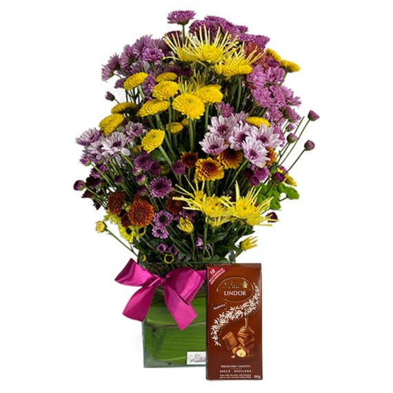 Arrangement of Field Flowers and Lindt Hazelnut Chocolate Bar