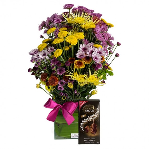 Arrangement of Field Flowers and Lindt Swiss Dark Chocolate Bar