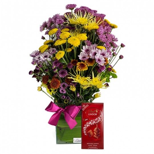 Arrangement of Field Flowers and Lindt Milk Chocolate Bar