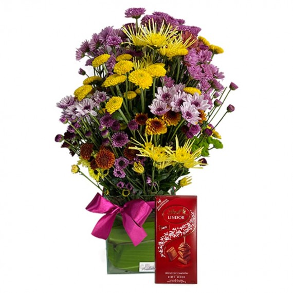 Arrangement of Field Flowers and Lindt Milk Chocolate Bar