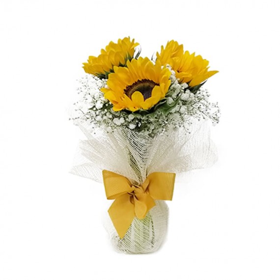 Three Sunflowers and Gypsophila Mini Arrangement with Glass Vase