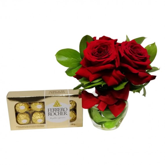 Arranjo com 3 Rosas Colombianas L’Amour com Chocolate Ferrero com 08 unidades 