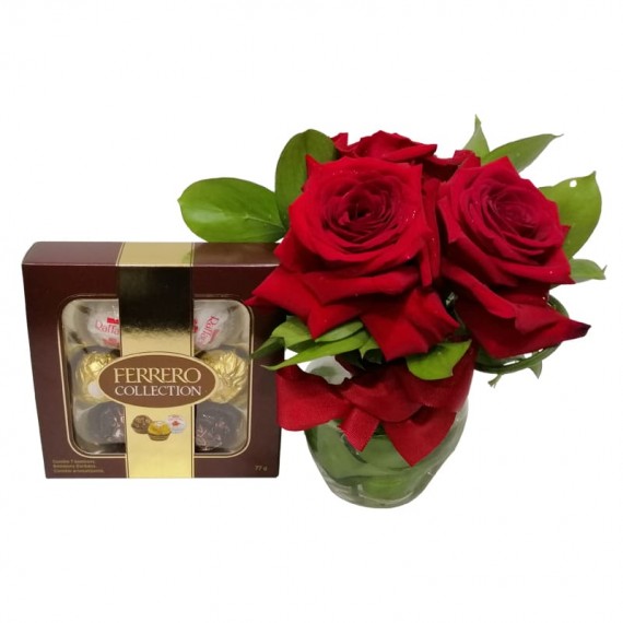 Arrangement with 3 Colombian L’Amour Roses with Chocolate Ferrero Collection with 07 units