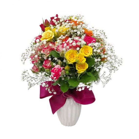 Arrangement of Colorful Mini Roses and Gypsophiles in Ceramic Vase