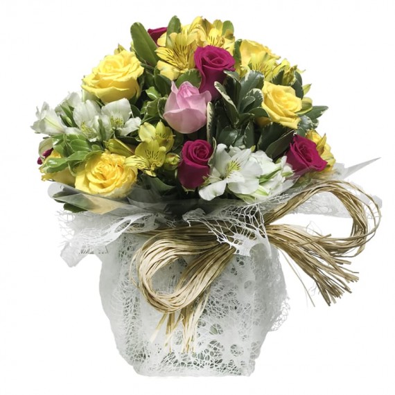 Arrangement with National Roses and Astromelia in Glass Vase