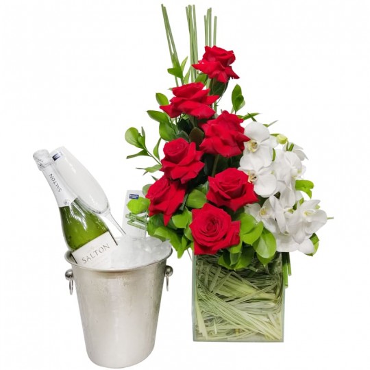 Arrangement with Colombian Roses, White Orchids, Salton Champagne and Glasses