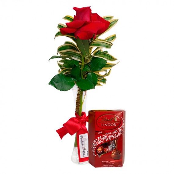 Arranjo Paixão com uma Rosas Colombianas e Lindt Lindor Milk