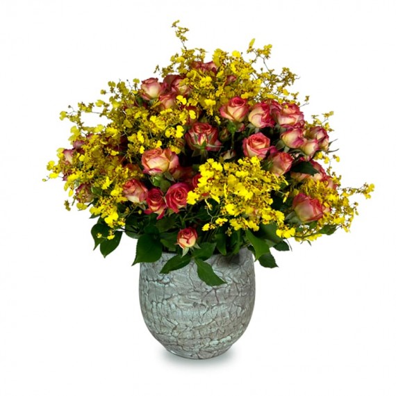 Arrangement of Mini Roses and Golden Rain Orchid Fascination - Medium