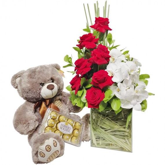 Arrangement with Colombian Roses and Orchids, Teddy Bear and Ferrero Rocher Chocolate