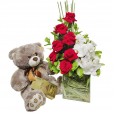 Arrangement with Colombian Roses and Orchids, Teddy Bear and Alpino Chocolate