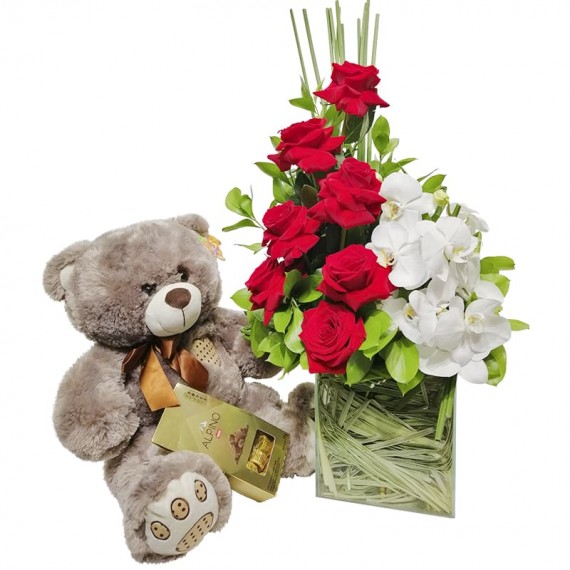 Arrangement with Colombian Roses and Orchids, Teddy Bear and Alpino Chocolate