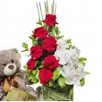 Arrangement with Colombian Roses and Orchids, Teddy Bear and Alpino Chocolate