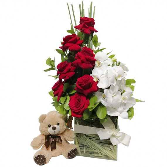 Arrangement with Colombian Roses and Orchids and Small Teddy Bear