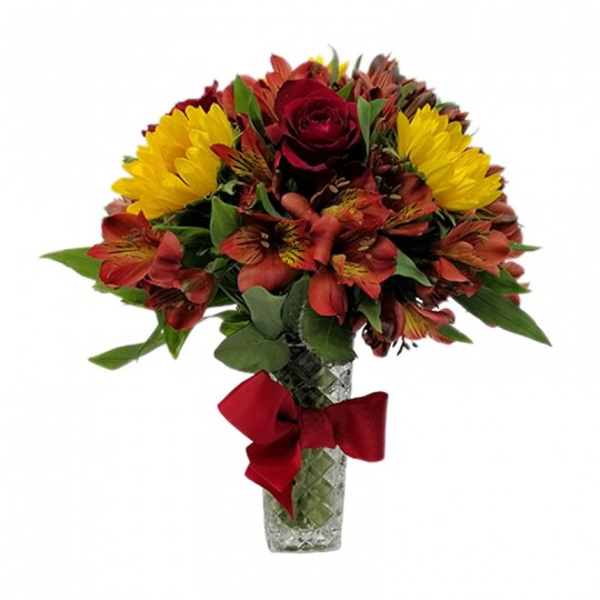 Arranjo de Rosas Vermelhas, Girassóis e Astromélias