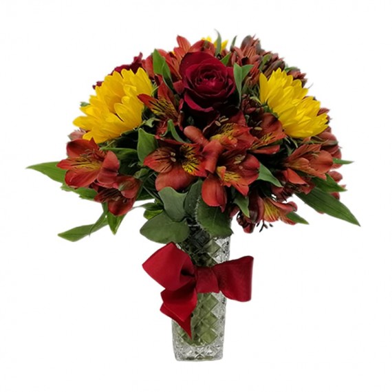 Arrangement of Red Roses, Sunflowers and Astromeliads