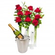 Triple Arrangement of Colombian Roses, Chandon Champagne, Stainless Steel Bucket and Glasses