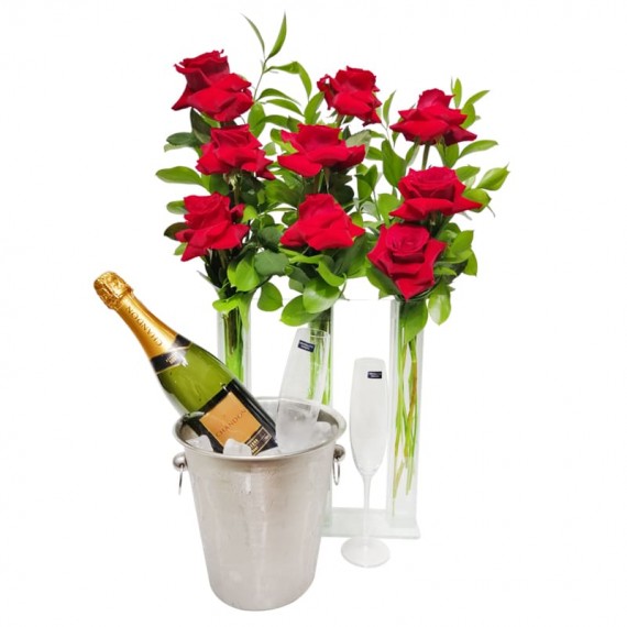 Triple Arrangement of Colombian Roses, Chandon Champagne, Stainless Steel Bucket and Glasses