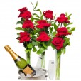 Triple Arrangement of Colombian Roses, Chandon Champagne, Stainless Steel Bucket and Glasses