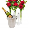 Triple Arrangement of Colombian Roses, Chandon Champagne, Stainless Steel Bucket and Glasses