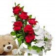 Triple Arrangement with Colombian Roses and Orchids, Teddy Bear and Amandita Chocolate
