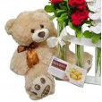 Triple Arrangement with Colombian Roses and Orchids, Teddy Bear and Amandita Chocolate