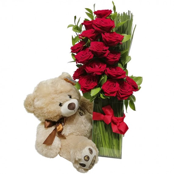 Arrangement with Colombian Roses and Teddy Bear