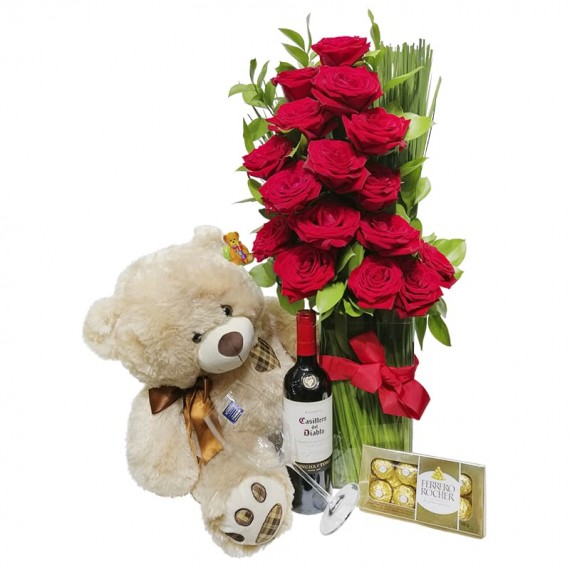 Arrangement with Colombian Roses, Teddy Bear, Wine, Glass and Ferrero Rocher