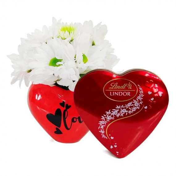Red Heart Arrangement with White Daisies and Lindt Heart S