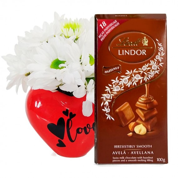 Red Heart Arrangement with White Daisies and Lindt Hazelnut
