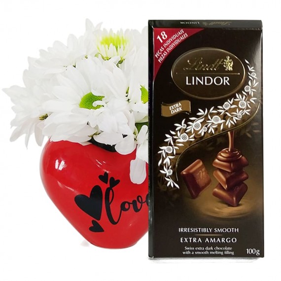 Arranjo Coração Vermelho com Margaridas Brancas e Lindt Dark